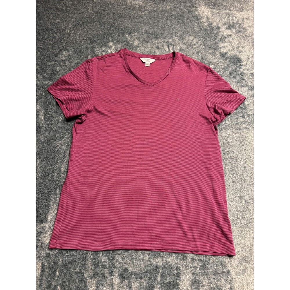 Calvin Klein Men XL Pink Maroon Striped Short Sleeve V-Neck T-Shirt PTP 21.5
